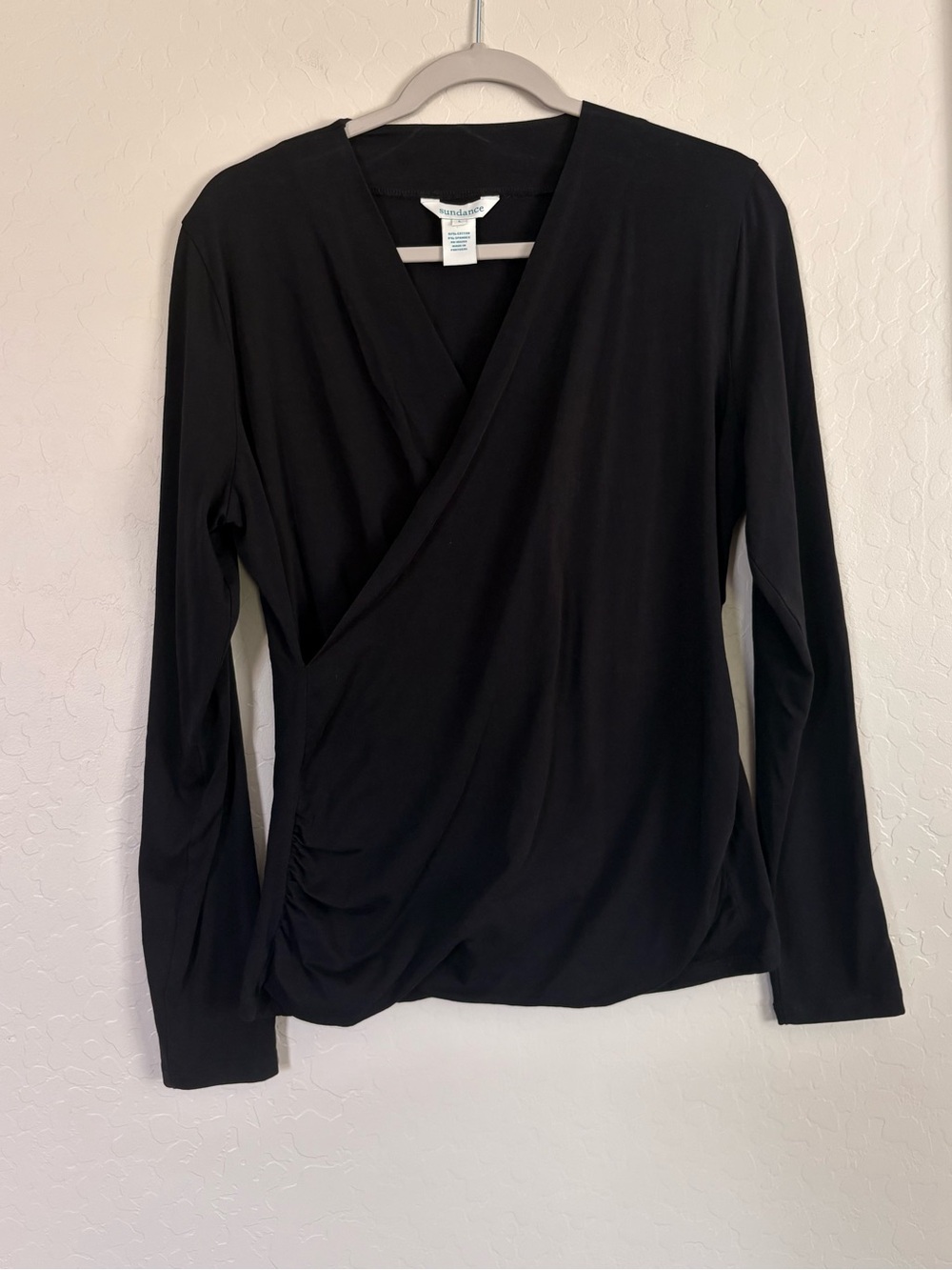 Sundance Black Faux Wrap Ruched Long Sleeve Stretch Cotton Top Large